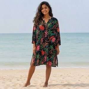 Ethnc Large Black Multicolor Floral Cotton Viscose Beach Cover Up Tunic Shirt